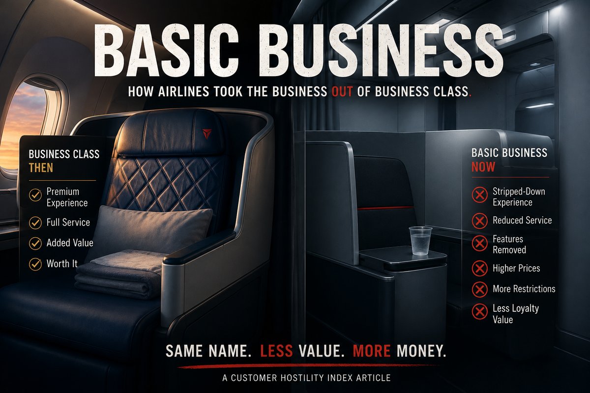 Side-by-side comparison of Delta's original Business Class seat versus the stripped-down Basic Business seat, labeled Business Class Then and Basic Business Now.