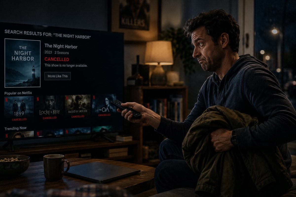 A viewer sits in front of a Netflix screen showing a cancelled show and a row of other cancelled titles, remote in hand and jacket bundled up as if about to give up and leave.