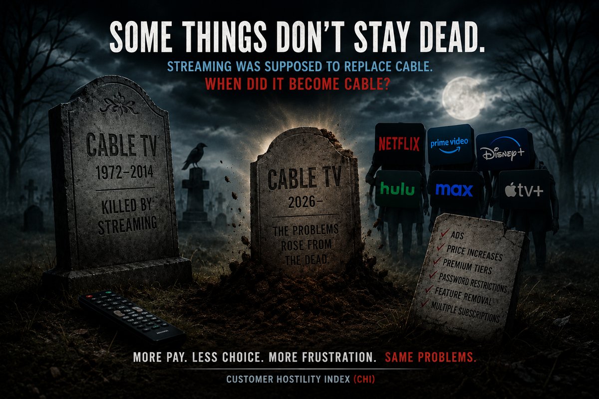 A graveyard scene with a headstone for Cable TV 1972-2014 beside a freshly opened Cable TV 2026 grave, with streaming service logos on hooded figures walking out of the fog.