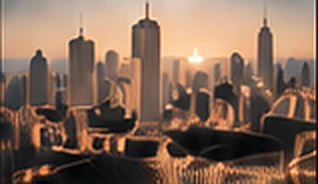 A dense city skyline at dusk, towers silhouetted against a low sun.
