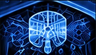 An abstract blue circuit tracery glowing against a dark field.