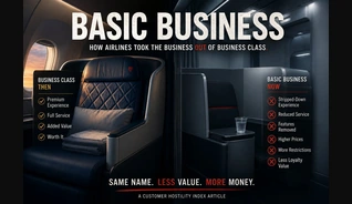 A Customer Hostility Index editorial card titled &ldquo;Basic Business&rdquo;, comparing a full business-class seat with a stripped-down one.