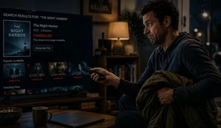 A viewer on a sofa facing a wall-mounted television showing a streaming service browse screen.