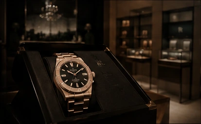 A rose-gold wristwatch presented in an open case on a lit plinth inside a darkened luxury retail interior.