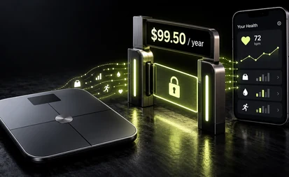 Editorial illustration of a smart scale sending health data through a locked toll gate to a smartphone health dashboard.