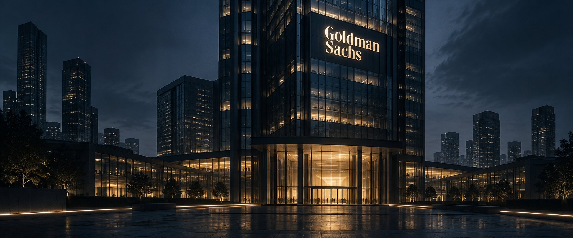 Editorial illustration of a lit office tower bearing the Goldman Sachs name at night