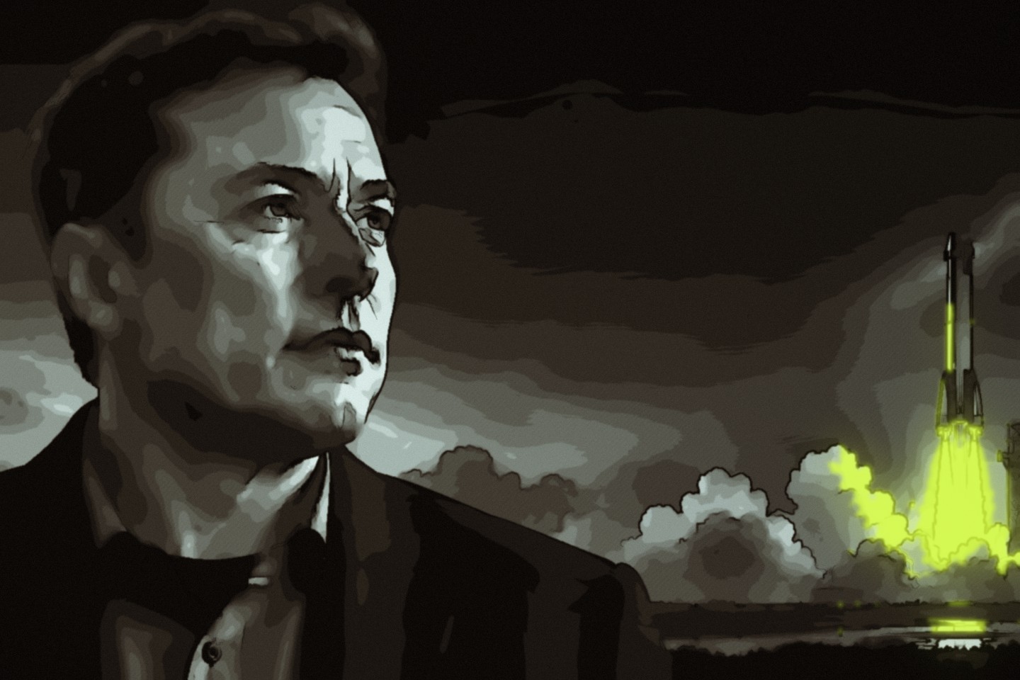 Editorial illustration of Elon Musk with launch imagery.