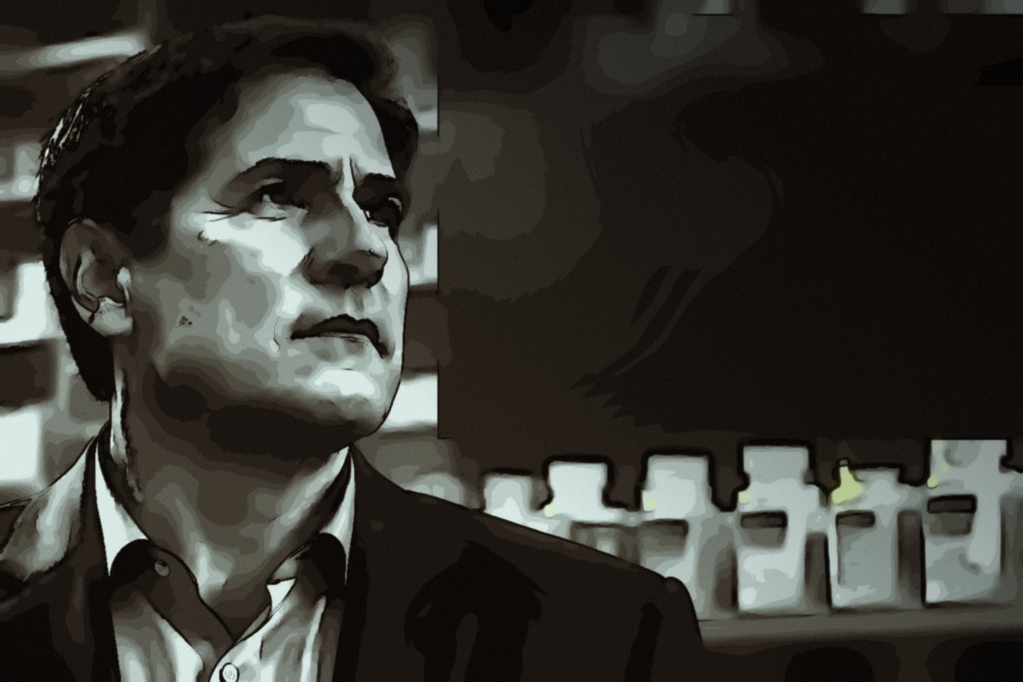 Editorial illustration of Mark Cuban with pharmacy imagery.