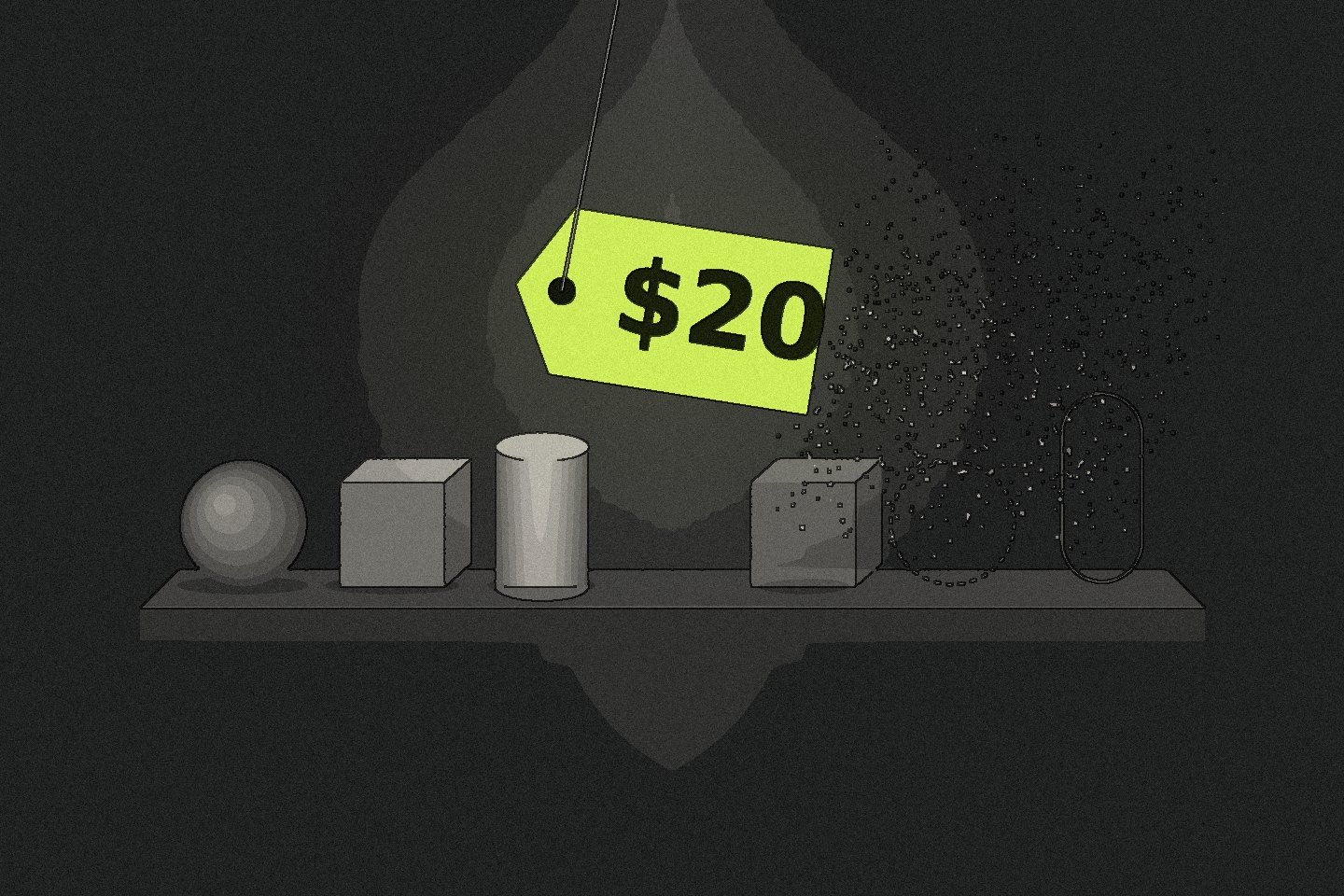 Editorial illustration of a $20 price tag hanging above a shelf of objects that dissolve into particles.
